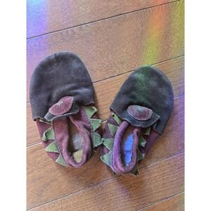 Softstar Baby Mocassins Sz 7 Wool Lined Brown Red Green Suede Leather Barefoot